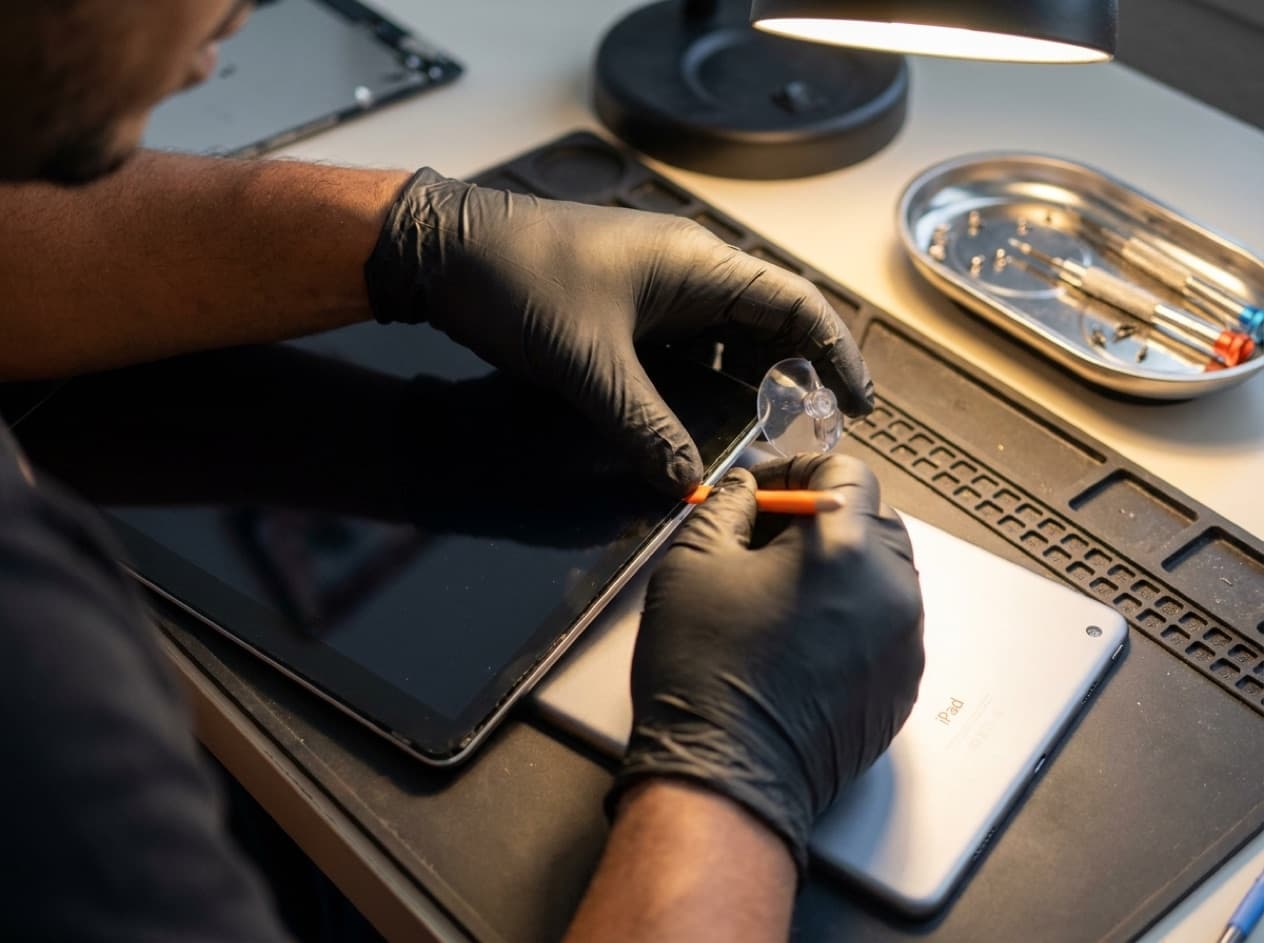 Precision screen work on an iPad at a repair bench
